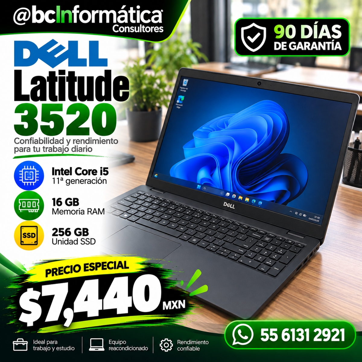 Laptop Dell Latitude 3520 reacondicionada con Intel Core i5 11ª gen, 16 GB RAM y SSD de 256 GB