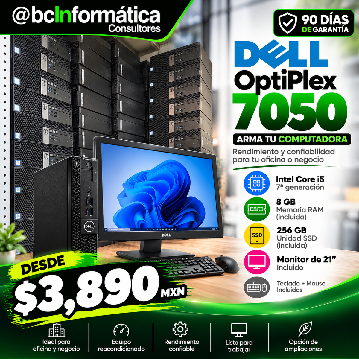Computadora Dell OptiPlex 7050 reacondicionada con Core i5 7ª gen, monitor de 21 pulgadas, teclado y mouse