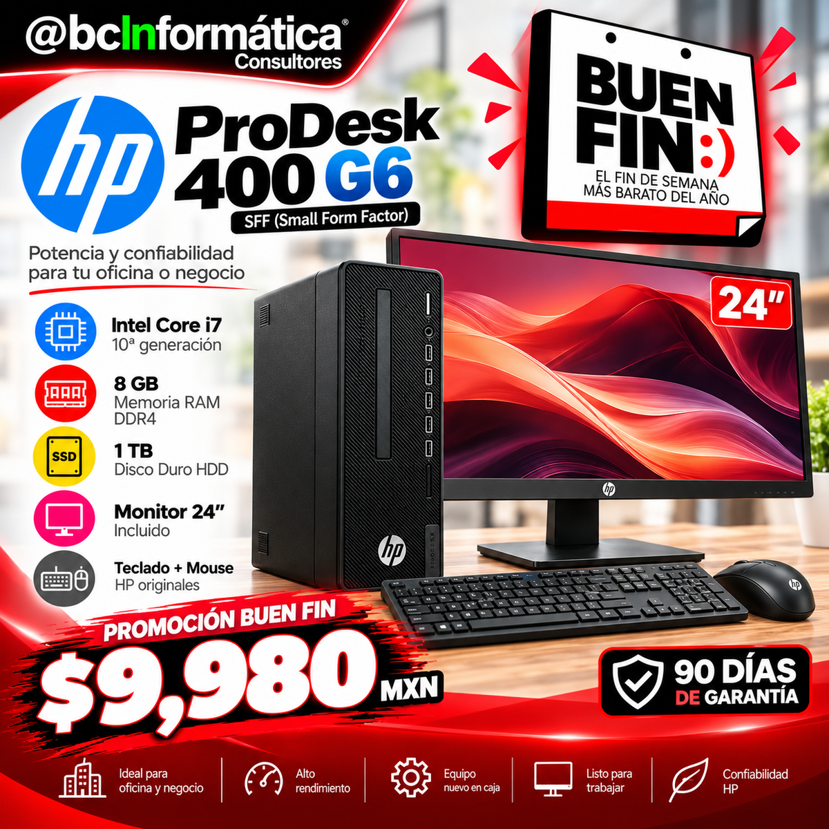 Computadora HP ProDesk 400 G6 SFF nueva en caja con Core i7 10ª gen, 8 GB RAM, disco duro 1 TB, monitor de 24 pulgadas, teclado y mouse HP