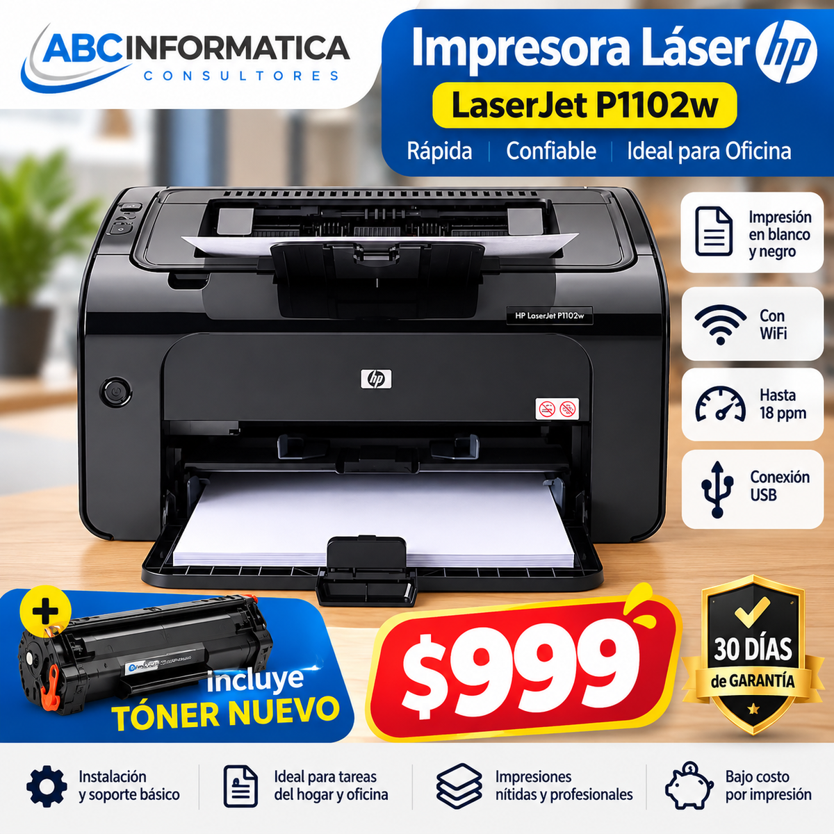 Impresora láser HP LaserJet P1102w con WiFi