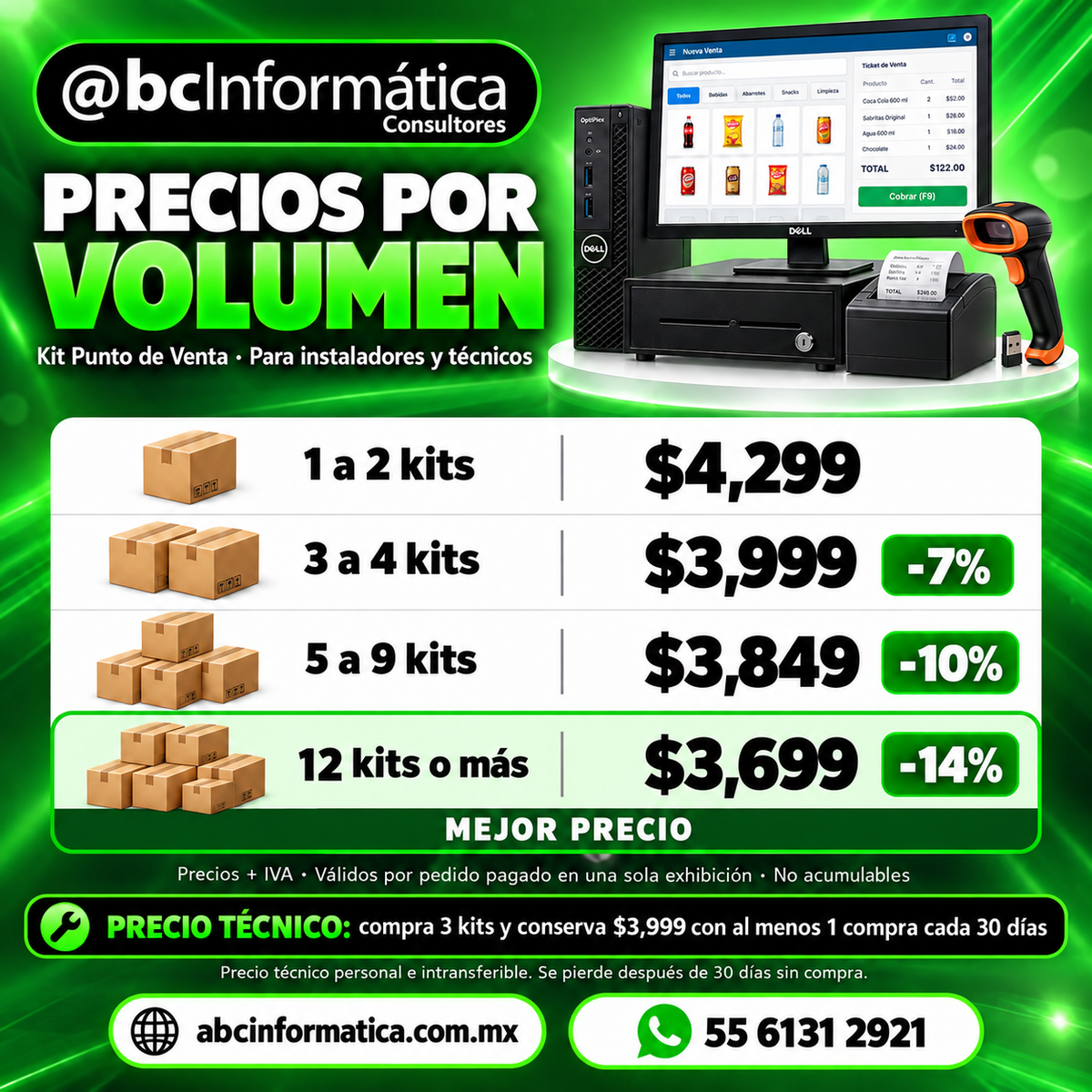 Precios por volumen del kit punto de venta para instaladores y técnicos