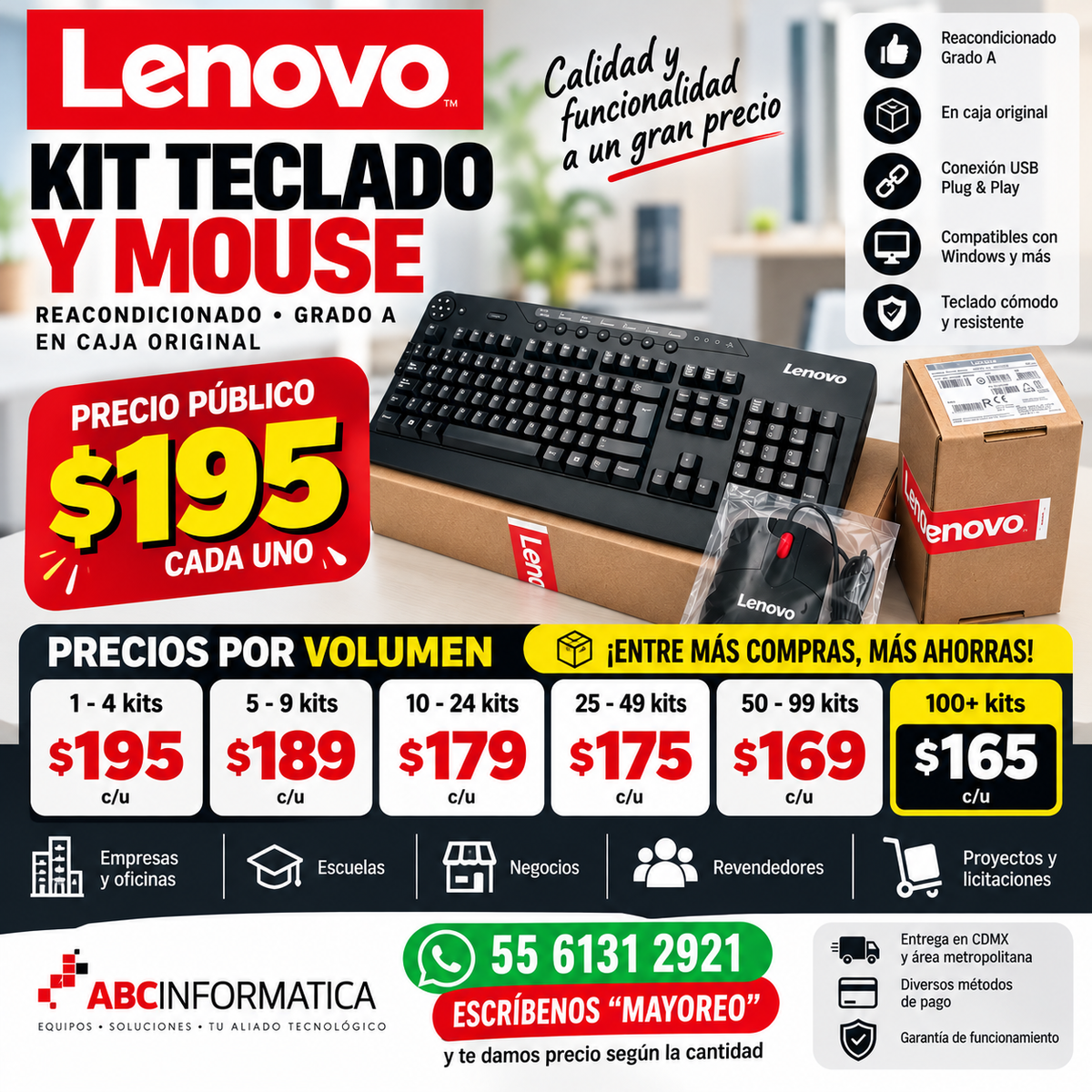 Kit de teclado y mouse Lenovo USB reacondicionado grado A en caja original, con precios por volumen