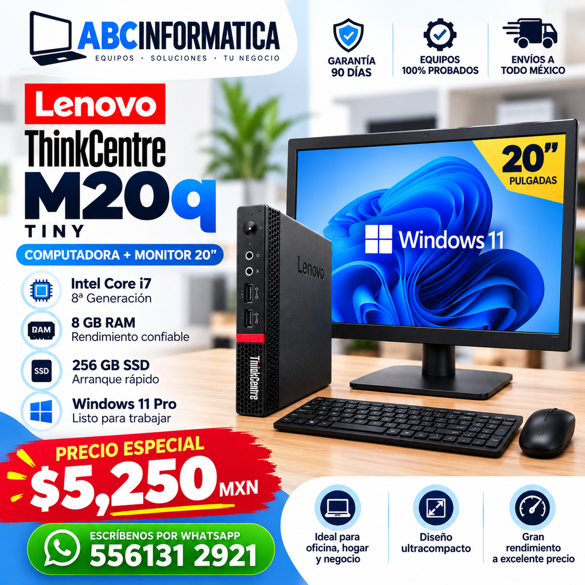 Computadora Lenovo ThinkCentre M20q Tiny con monitor de 20 pulgadas