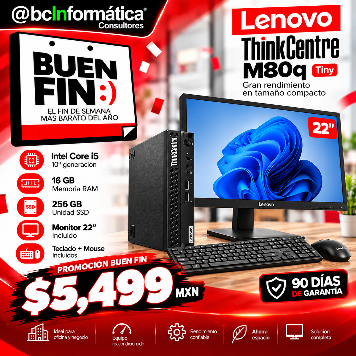 Computadora Lenovo ThinkCentre M80q Tiny reacondicionada con Core i5 10ª gen, 16 GB RAM, SSD 256 GB, monitor de 22 pulgadas, teclado y mouse