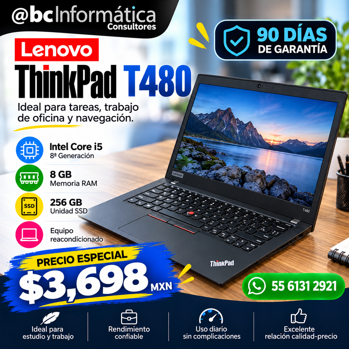 Laptop Lenovo ThinkPad T480 reacondicionada con Intel Core i5 8ª gen, 8 GB RAM y SSD de 256 GB