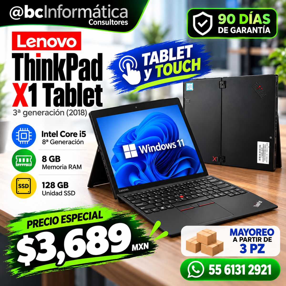 Lenovo ThinkPad X1 Tablet 3ª generación reacondicionada, 2 en 1 con pantalla táctil, Core i5 8ª gen, 8 GB RAM y SSD de 128 GB