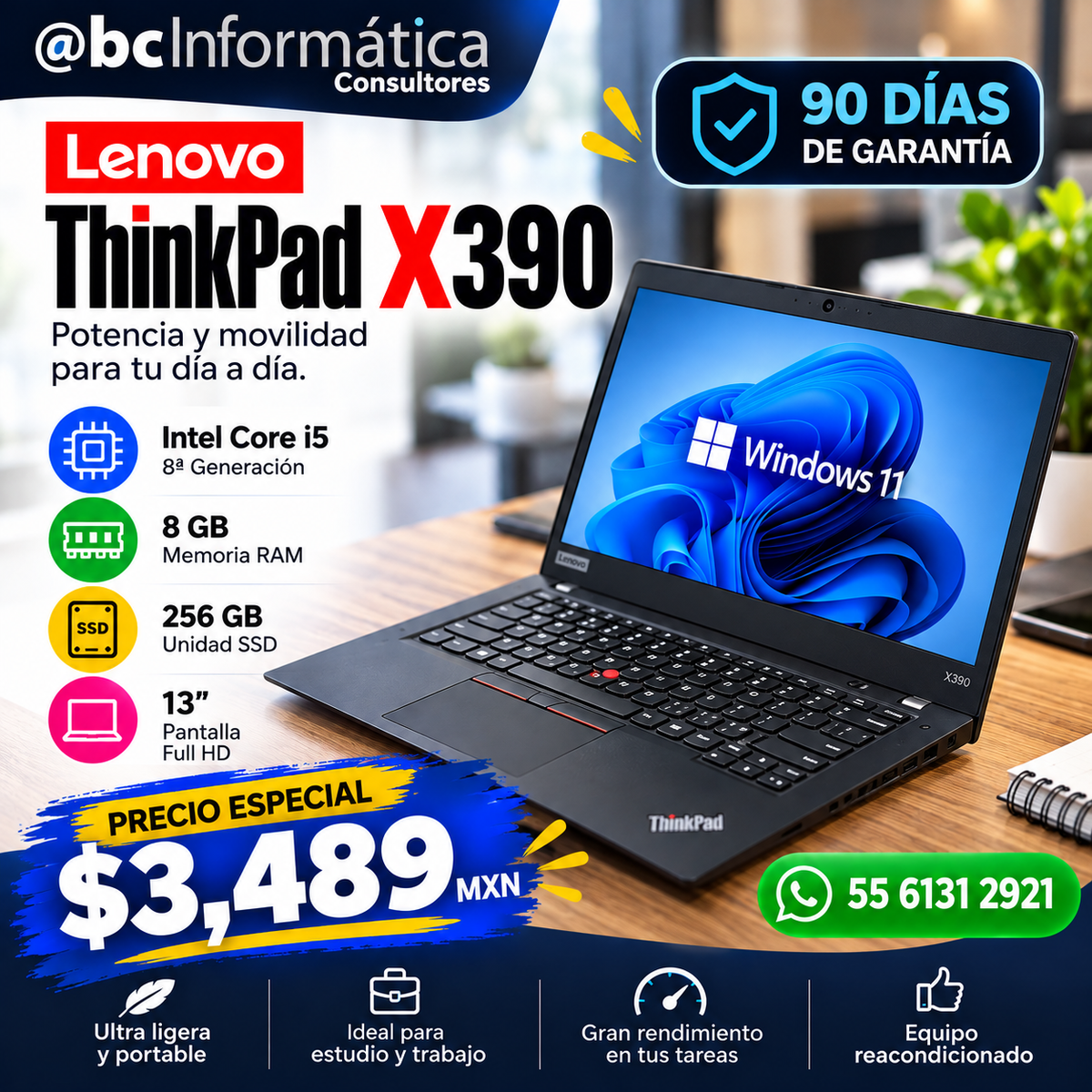 Laptop Lenovo ThinkPad X390 reacondicionada con Intel Core i5 8ª gen, 8 GB RAM y SSD de 256 GB